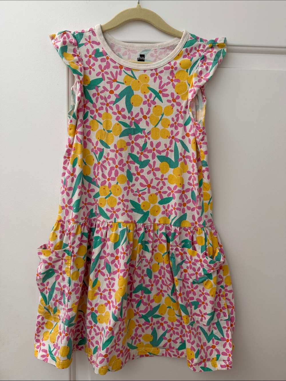 Tea Collection Girls White Dress with Yellow & Pink Fruit Print